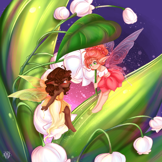 Fées jouant dans du muguet